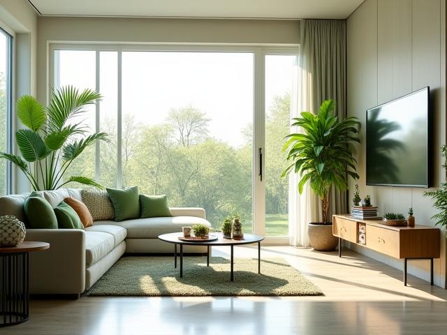 Spotless, modern living room after a professional eco-friendly cleaning